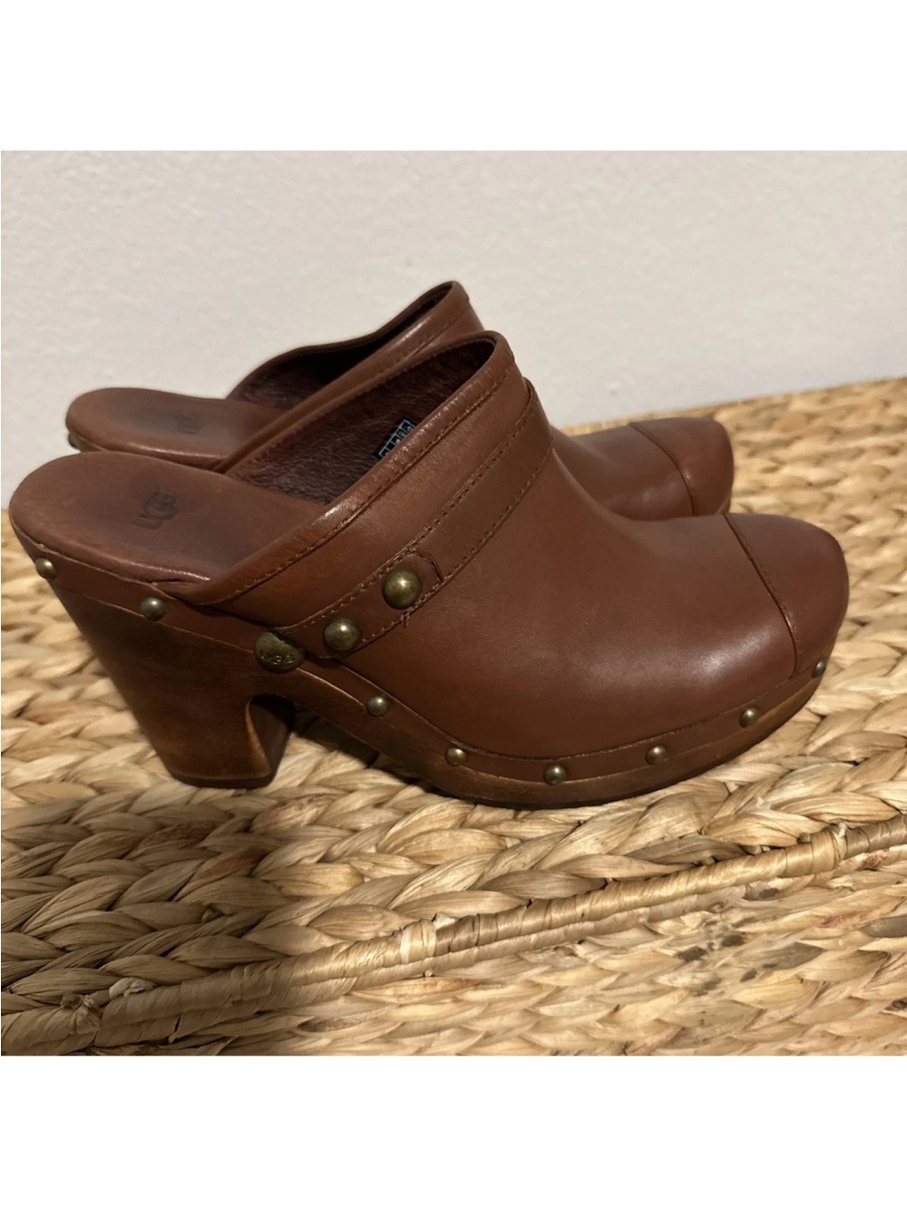 UGG Brown Leather Studded Clog Heels
